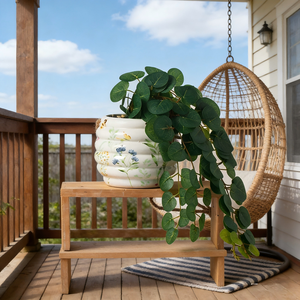 Jardinière en céramique à imprimé floral avec <span class=keywords><strong>eucalyptus</strong></span> artificiel suspendu - Décoration de patio extérieur/intérieur - Product Image 1