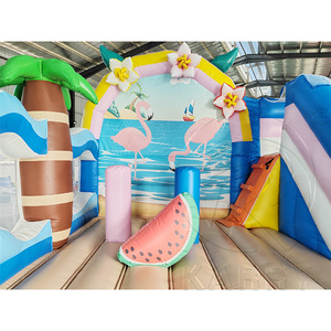 Château gonflable sur le thème tropical des flamants roses avec piscine, palmier et toboggan d'été pour enfants - Product Image 6
