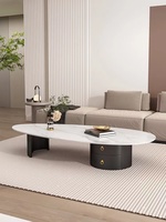 SWT Ensemble de table basse en pierre de roche dorée de luxe moderne Table basse ovale en marbre pour le salon