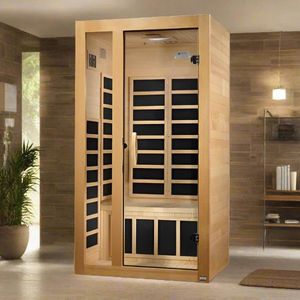 Sauna a Vapore Secco Portatile Moderna in Legno Massello di Hemlock per Giardino, con Funzione Massaggio e Bagno Turco - Product Image 1