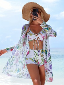 Fabrika Satışları Kadın Üç Parçalı Dantel V Yaka Nefes Alabilen Push-Up Yüksek Bel Plaj Mayosu Moda Baskılı Bikini Bluz Şort - Product Image 5