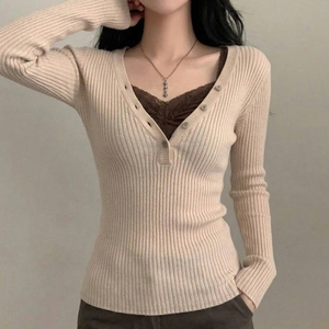 Color Block Lace Trim <b>V</b> <b>Neck</b> Knit Top, Long Sleeve <b>Women's</b> <b>T</b> <b>Shirt</b>, Patchwork Retro Top, Y2K Vintage Casual Fashion - Product Image 4