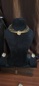 92.5 sterling silver Hasli necklace set features a gold-plated multi-layer design pendant central green <b>emerald</b> stone set - Product Image 3