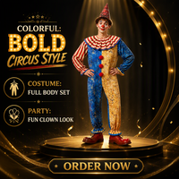 Costume de Clown Rétro Adulte, Combinaison à Col Volanté, Chapeau Pointu, Pompon, Bicolore, Vintage, pour Halloween, Soirée Masquée