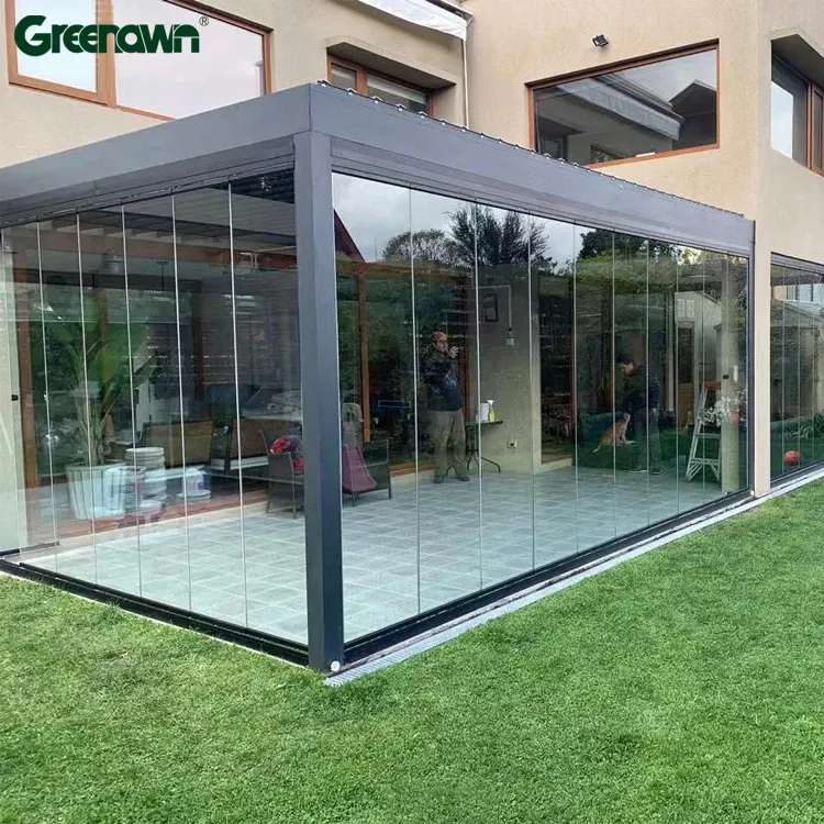 Chuyên Nghiệp Không Thấm Nước Windproof Cửa Kính Hệ Thống Pergola Bioclimatique Ngoài Trời Gazebo