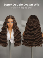 Perruque brésilienne Remy en cheveux humains, super double drawn, ondulée, brune, 5x5 pour lace front, 100% volume intense, ligne de cheveux naturelle