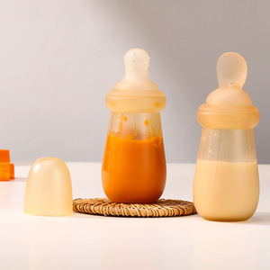 Biberon en silicone à presser 2 en 1 avec cuillère pour bébé de 0 à 12 mois, sans BPA, cuillère souple avec design de tétine - Product Image 1