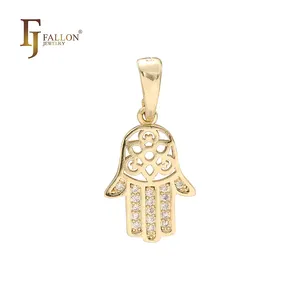56200719 FJ Fallon Fashion Jewelry Hamsa Paved White CZs Pendant Plated In 14K Gold Brass Based