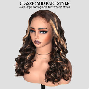 T4P4/30 #   Perruques sans colle à ondulations lâches en <span class=keywords><strong>cheveux</strong></span> humains, perruque à dentelle frontale 13x4 avec nœuds décolorés, raie classique et mèches ombrées - Product Image 5
