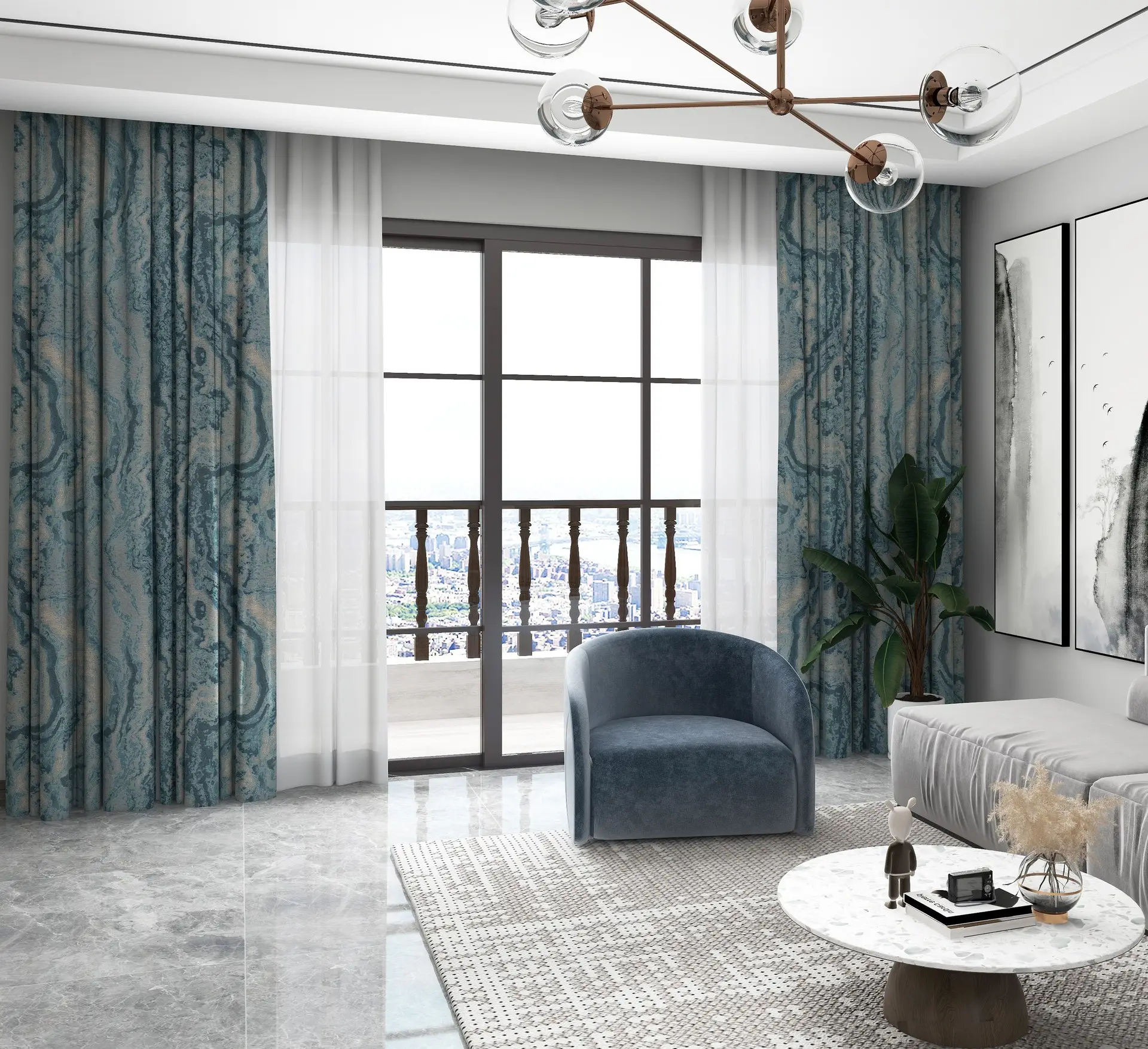 Cortina de Jacquard de mármol de tejido triple ligero de lujo de tamaño personalizado, cortina de tela para dormitorio, balcón, sala de estar
