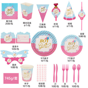 Ensemble de vaisselle et décorations modernes pour fête de révélation du sexe garçon ou fille : plateau, bannière, gobelets en papier et plateaux repas - Product Image 6