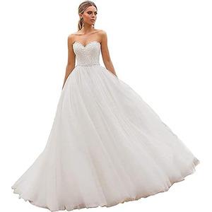 Elegant Lace Ball Gown Wedding Dress Sweetheart Neckline Tulle Ivory White Bridal Long Train Strapless - Product Image 3