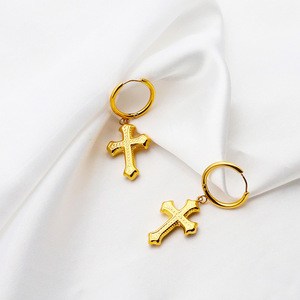 Cross Pendant Earrings Steel Gold Geometric Design Women's Fashion Dangle Earrings - Product Image 3