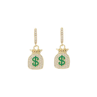 Boucles d'oreilles pendantes en laiton couleur or véritable avec zircon hip hop USD sac d'argent