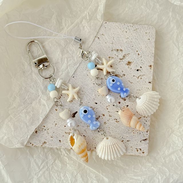 Ocean Themed Fish Shell Keychain Summer Beach Starfish Seashell Bag Charm Nautical Blue Fish Keyring Marine Life Multi Keychain