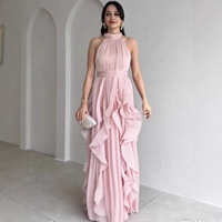 Robe longue OUDINA tendance décontractée à col halter sans manches, style vintage élégant avec volants, grandes tailles pour femmes