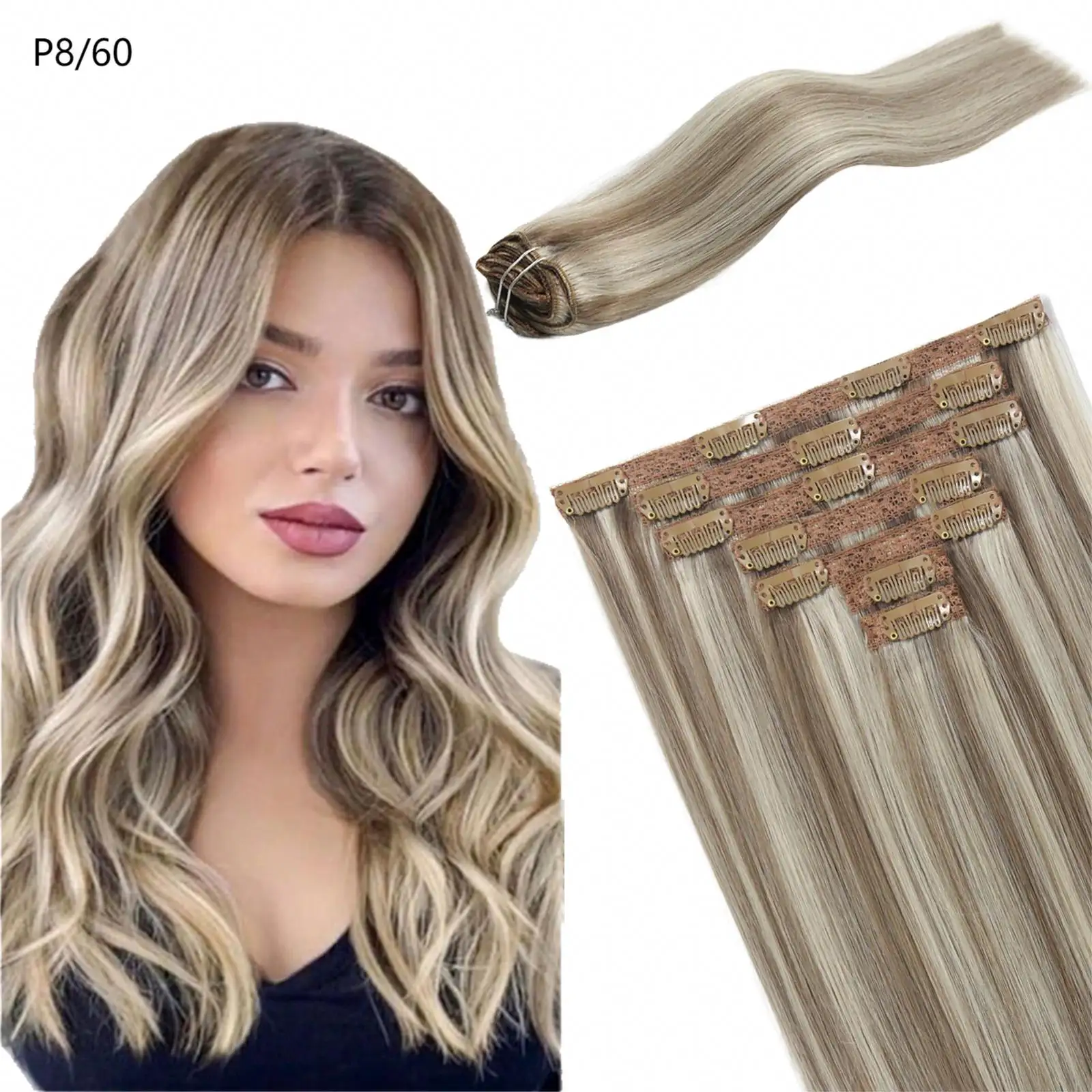 Extensiones de cabello natural con clip, precio al por mayor personalizado, cabello humano 100%