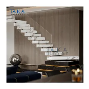 Hot Sell Floating Straight Stairs With Marble Tread And Frameless Glass Railing with Base Plate Floating Marble Staircase