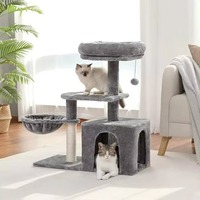 Arbre à chat moderne de luxe en bois, gain de place, tout-en-un, avec hamac profond, poteaux à gratter en sisal confortables, et niche stable en bambou et peluche