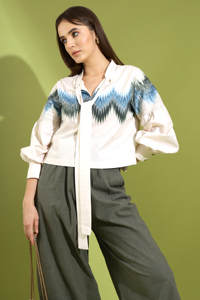 Hot Sell 2026 <b>White</b> Printed <b>Tops</b> Long <b>Puff</b> <b>Sleeve</b> Tie Neck Casual Fashion <b>Top</b> for Office and Daily Women Wear <b>Top</b> - Product Image 5