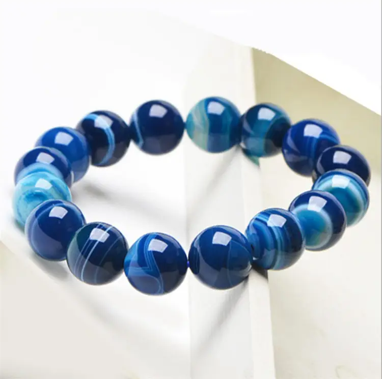 Natuurlijke Blauw Gestreepte Agaat Armband Nieuwe Ontwerpen 8Mm Eenvoudige Blauwe Streep Agaat Natuursteen Kralen Armband