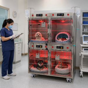 Gabbia Veterinaria per Terapia Intensiva Canina con Ossigenoterapia, Riscaldamento a Infrarossi, Porta Bloccabile e Asta <span class=keywords><strong>Portaflebo</strong></span> per Recupero Post-Operatorio - Product Image 2