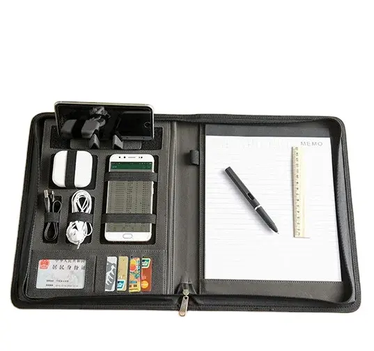 Fermuar konferans klasörü kapak siyah kişiselleştirilmiş A4 A5 B5 portföyü özelleştirilmiş PU hakiki deri Padfolio not defteri telefonu tutun