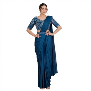 Emerald Royale Blue Embroidered Bandhani <b>Saree</b> <b>Blouse</b> Crop Top Floor-Length Regular Fit Women Traditional Ethnic India Pakistan - Product Image 1