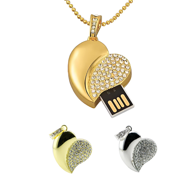 Heart Diamond Pendant 2.0 USB 8GB 16GB 32GB Flash Drive with Custom logo 3.0 64GB USB Pen Drive 128GB USB Stick Promotion Gift