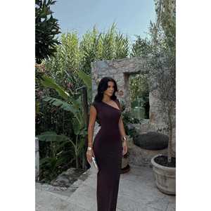 Brown One-Sleeve Ball <b>Gown</b> Evening Dress Formal & Elegant <b>Floor</b>-<b>Length</b> with Pearls Decoration XS Size 3D Pattern - Product Image 4