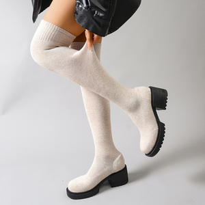 <span class=keywords><strong>Bottes</strong></span> hautes à enfiler pour femme, grande <span class=keywords><strong>taille</strong></span>, en tricot volanté extensible, tissu élastique, coupe ajustée, collection Hiver-Printemps - Product Image 1