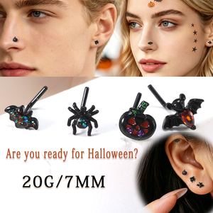 Großhandel Halloween Nasenstecker 20G 7mm Edelstahl Fledermaus Spinne Kürbis <span class=keywords><strong>Glitzer</strong></span> Gerader Nasenpin Ohrpiercing für Männer Frauen - Product Image 1