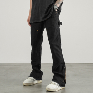 <span class=keywords><strong>Pantaloni</strong></span> Streetwear OEM <span class=keywords><strong>con</strong></span> tasca laterale <span class=keywords><strong>pantaloni</strong></span> a gamba svasata da uomo in cotone Twill personalizzato tinta unita <span class=keywords><strong>con</strong></span> Zip Patchwork nera - Product Image 1
