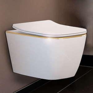 Inodoro de cerámica color marfil con borde dorado, cisterna oculta, inodoro con descarga por inmersión, combo, inodoro sin borde, consola de baño empotrada para el hogar - Product Image 3