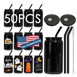 Cadeaux d'Halloween : Gobelets en verre noir de 16 oz pour sublimation, avec couvercle en acrylique et paille noire - Product Image 1