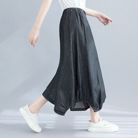 Pantalones Culotte Asimétricos de Verano 2026 al por Mayor, de Mezclilla con Cintura Elástica, Pierna Ancha y Dobladillo Tipo Pañuelo, Dos Colores, para Mujer
