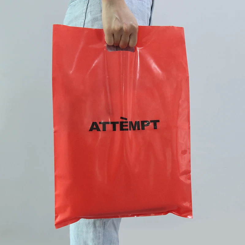 Customize Logo Printed Die cut Carry bag Red Shopping Bags For clothing packaging Plastic Die Cut Handle Bags