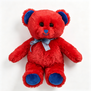Customized bright <b>red</b> teddy bear, blue accents teddy bear, blue nose and feet bear, blue satin <b>bow</b> teddy bear, fluffy <b>red</b> fur - Product Image 3