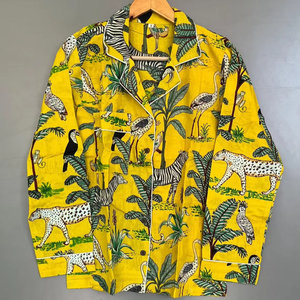 Women's Summer Spring Elegant Animal Printed 100% Cotton Night Suit Shirt <b>Pant</b> Set - Product Image 1