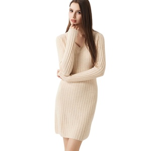 Factory Supply Elegant V Neck Ribbed Wool Dress <strong>Women</strong> Casual Fashion Knit Dress <strong>Women's</strong> Sweater Skirts - Product Image 5