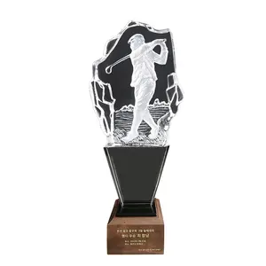 Trophée en verre de cristal moulé sous pression prix base en bois massif golf sports et jeux événement trophée prix