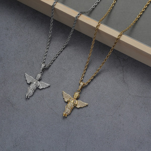 Ciondolo a forma di angioletto, collana in ottone con zirconi per uomo e donna della collezione Coppia di Cupido. - Product Image 2
