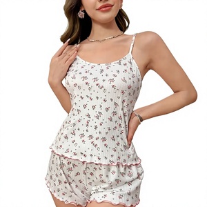 Women Floral V-neck Cami Shorts Pajama Set Breathable Cotton Jersey Fabric Drawstring Sleepwear Lounge Wear 2-Piece - Product Image 1
