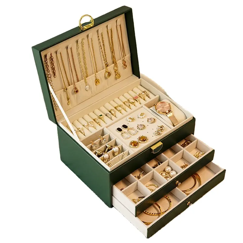 درج مزدوج من الجلد الصناعي صندوق مجوهرات للساعات قابل للطي منظّم تخزين صندوق حامل للعرض صندوق مجوهرات للسفر