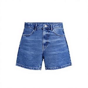 Shorts de mezclilla de cintura alta para mujer, de pierna recta, lavado a la piedra, de algodón, casuales, transpirables, de corte regular, jeans azules con botones - Product Image 1