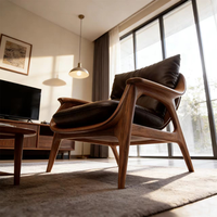 Fauteuil de loisir en bois massif, fauteuil lounge en cuir véritable, style design, salon, hôtel, balcon, canapé simple de luxe