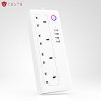 Tuya UK 16A Soket Ekstensi 4 Outlet USB Cerdas, Soket Ekstensi dengan Pengendali Jarak Jauh Wifi, Strip Daya Cerdas
