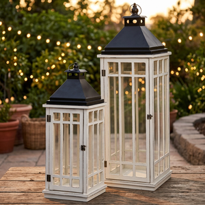 Ensemble de 2 lanternes porte-bougies en métal et verre avec base en bois, décoration pour la maison, le jardin, la terrasse, les mariages et les événements - Product Image 3