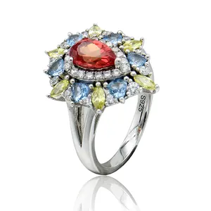 Anello d'argento 925 delle signore nuziali di lusso dei monili dell'anello di pietra colorato nuovo stile all'ingrosso degli anelli turchi