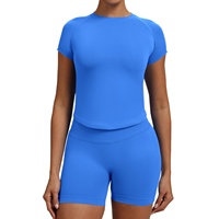 Ensemble de yoga 2 pièces sans couture, col rond, coupe ajustée, manches courtes, tenue de sport pour la course à pied, le cyclisme, la remise en forme, pour femmes
